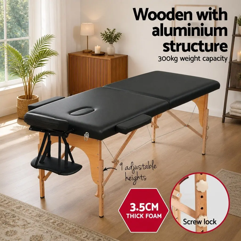 Portable Massage Table 70cm Therapeutic Treatment 2 Fold Wooden Black