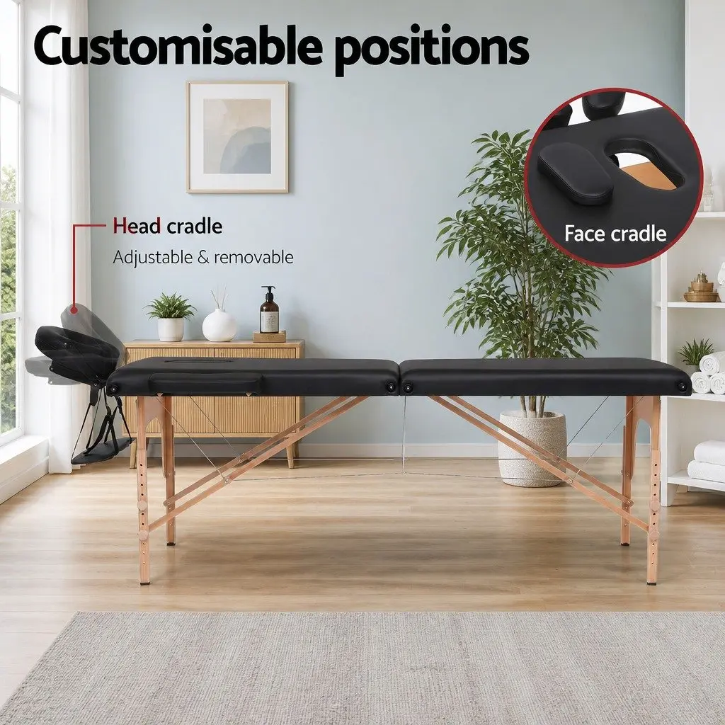 Portable Massage Table 70cm Therapeutic Treatment 2 Fold Wooden Black