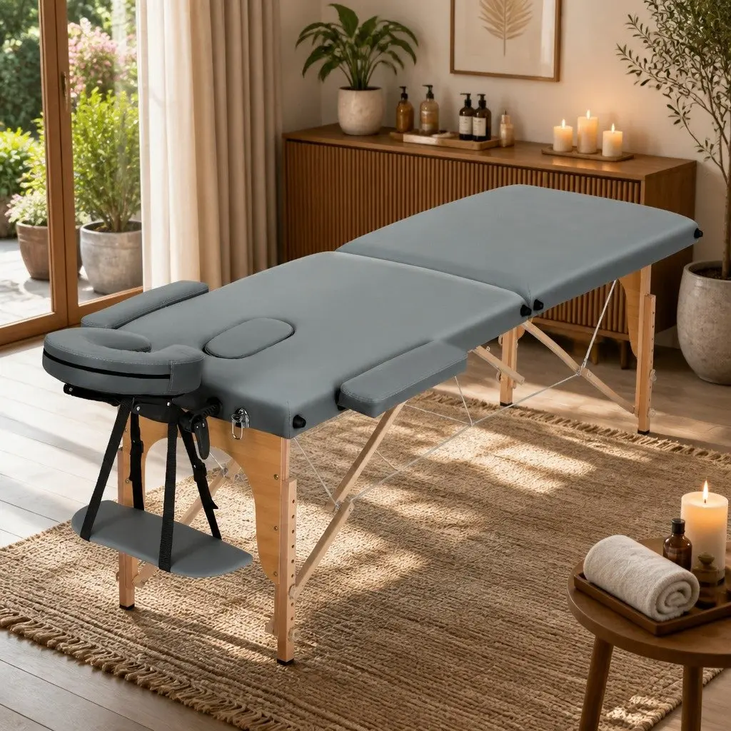 Massage Table Portable 56cm Wooden Adjustable Height Grey