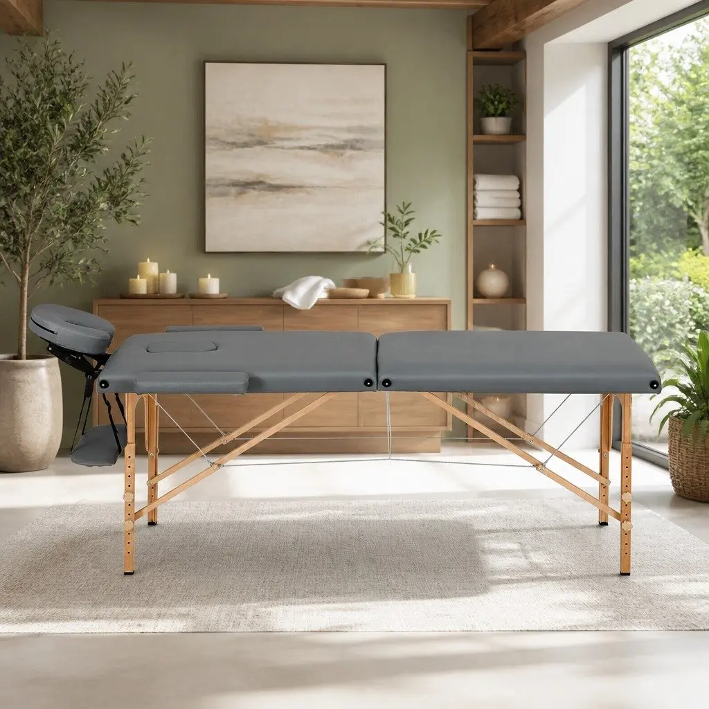 Massage Table Portable 56cm Wooden Adjustable Height Grey