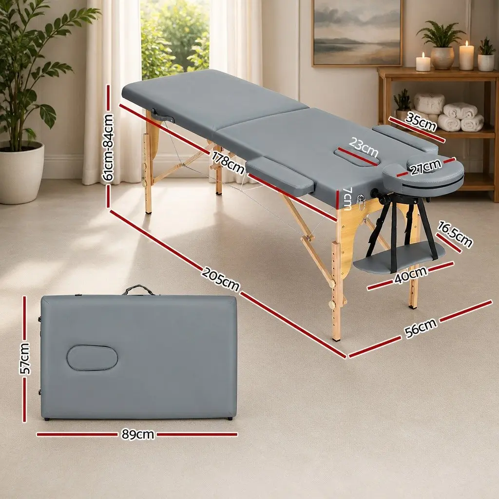 Massage Table Portable 56cm Wooden Adjustable Height Grey