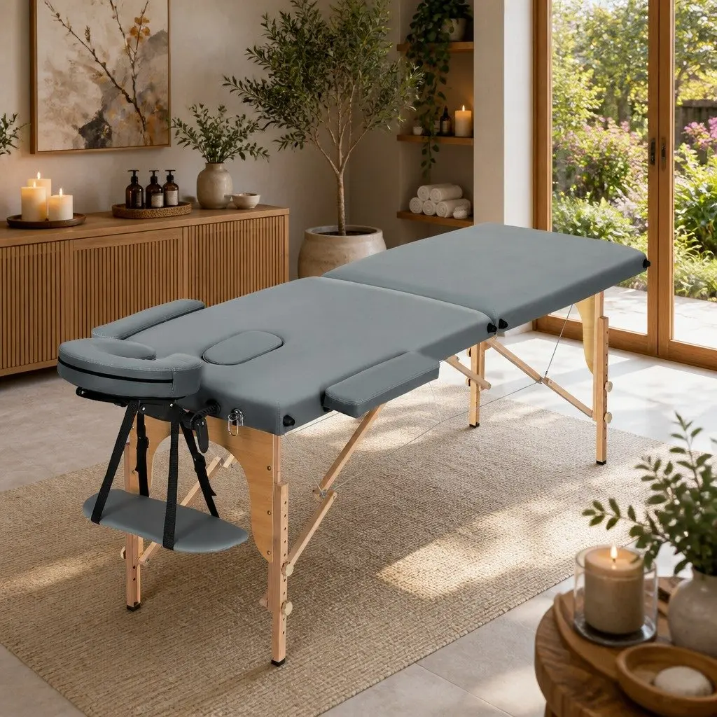 Massage Table Portable 56cm Wooden Adjustable Height Grey