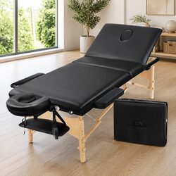 Portable Massage Table 75cm Wide 3 Fold Wooden Beauty Bed Adjustable Height