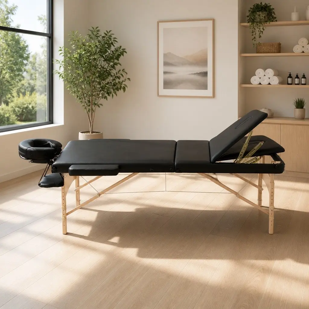 Portable Massage Table Adjustable Height 75cm Wide Black 3 Fold Wooden Beauty Bed