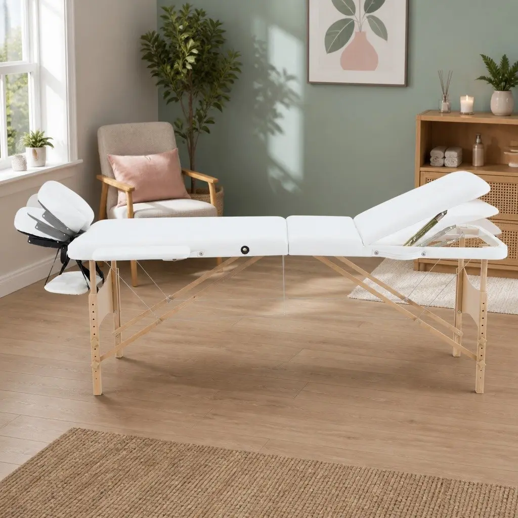 Portable Massage Table Adjustable Height 70cm Wooden 3 Fold White