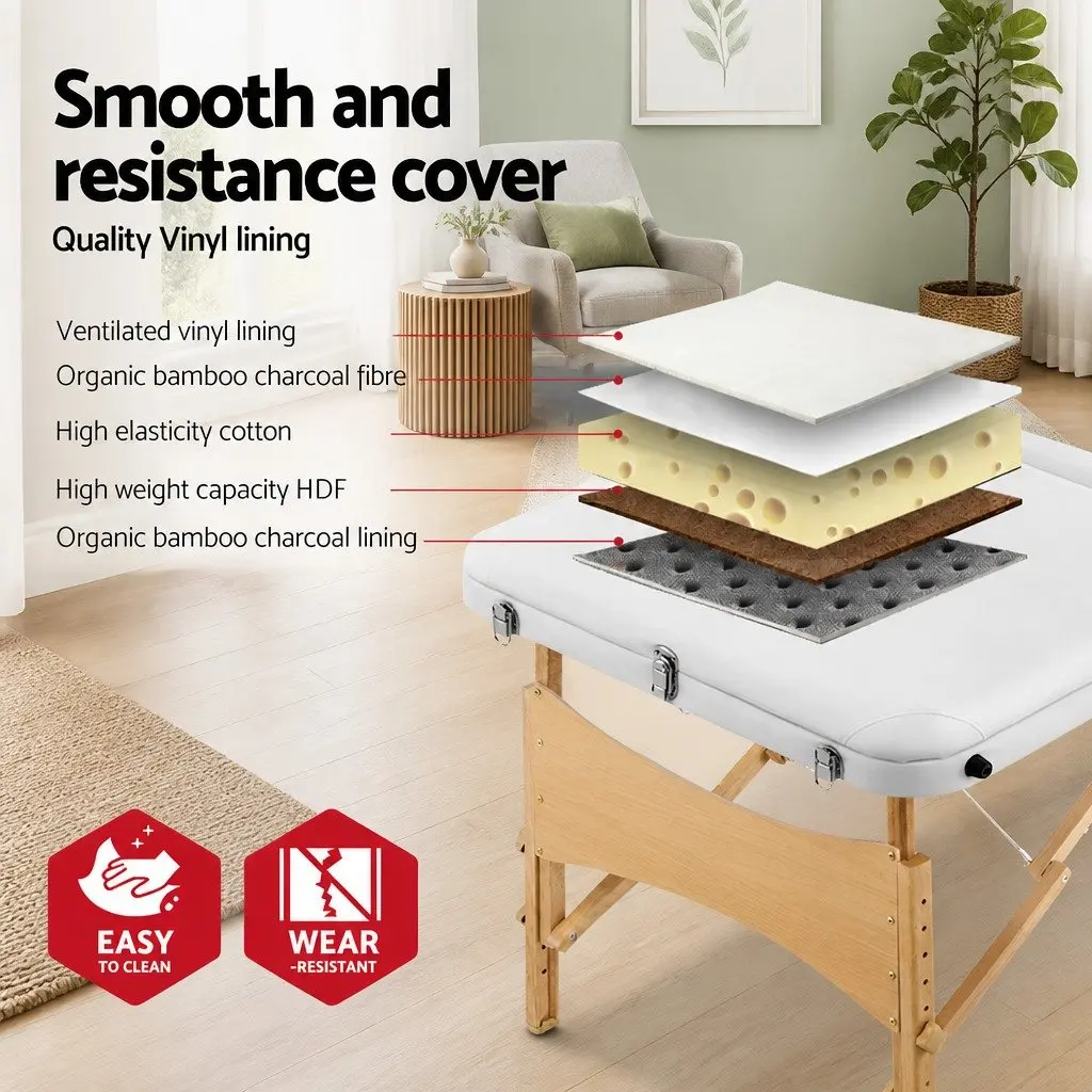 Portable Massage Table Adjustable Height 70cm Wooden 3 Fold White