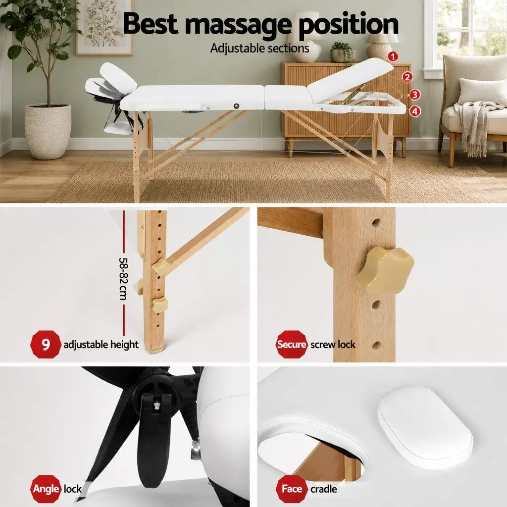 Portable Massage Table Adjustable Height 70cm Wooden 3 Fold White