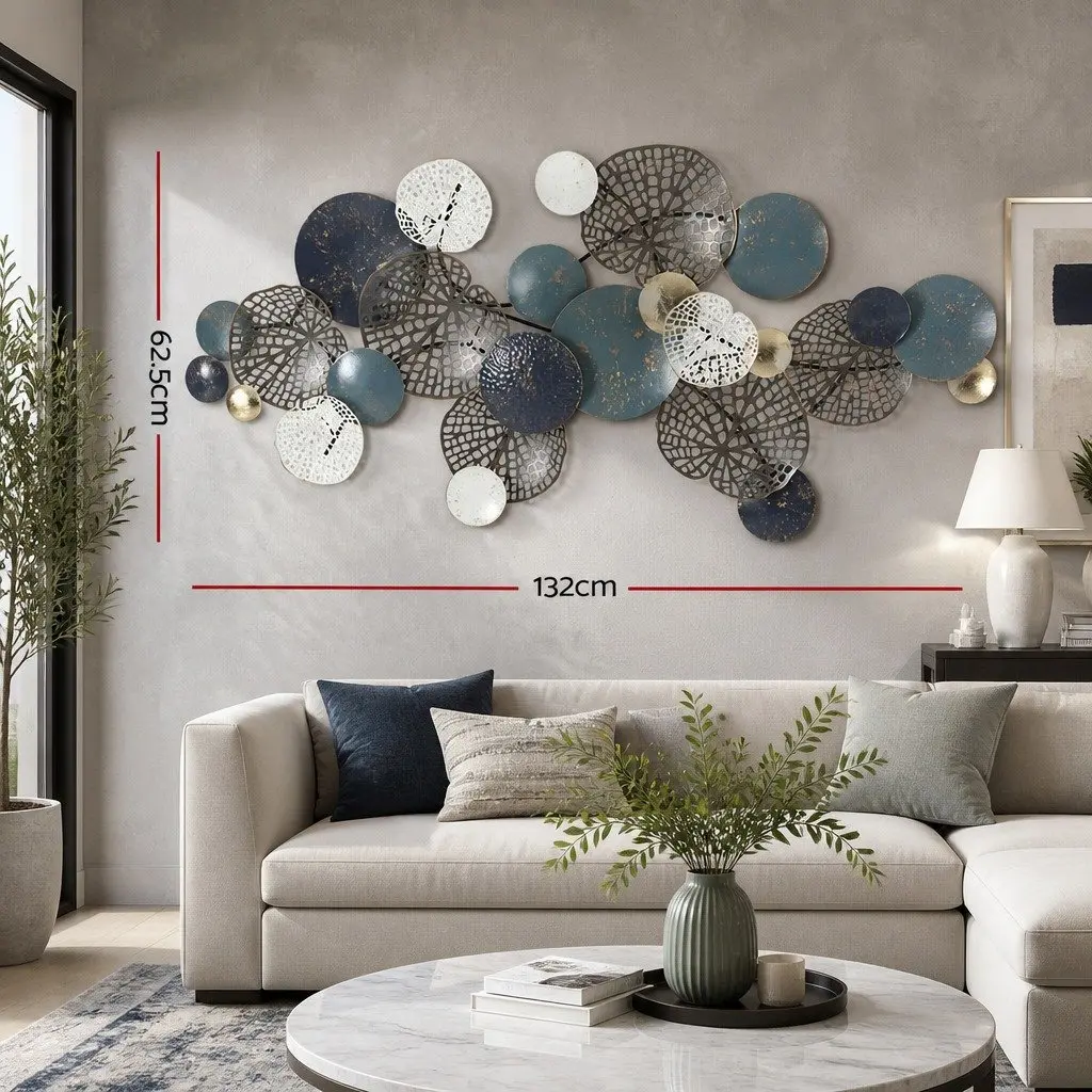 Metal Wall Art Hanging Sculpture 132cm Tree Leaf Circles Blue Home Decor 3D