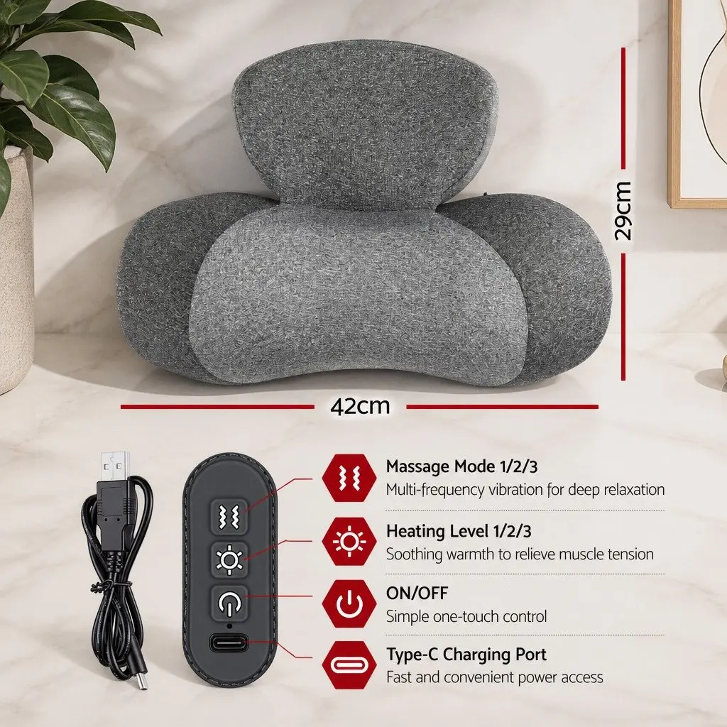 Neck Massager Pillow Memory Foam Cervical Support Heat Vibration Therapy Grey