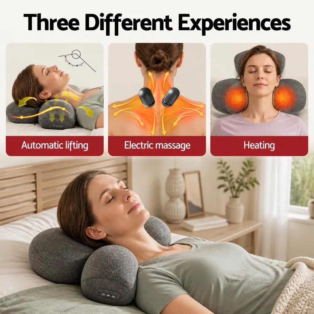 Neck Massager Pillow Memory Foam Cervical Support Heat Vibration Therapy Grey