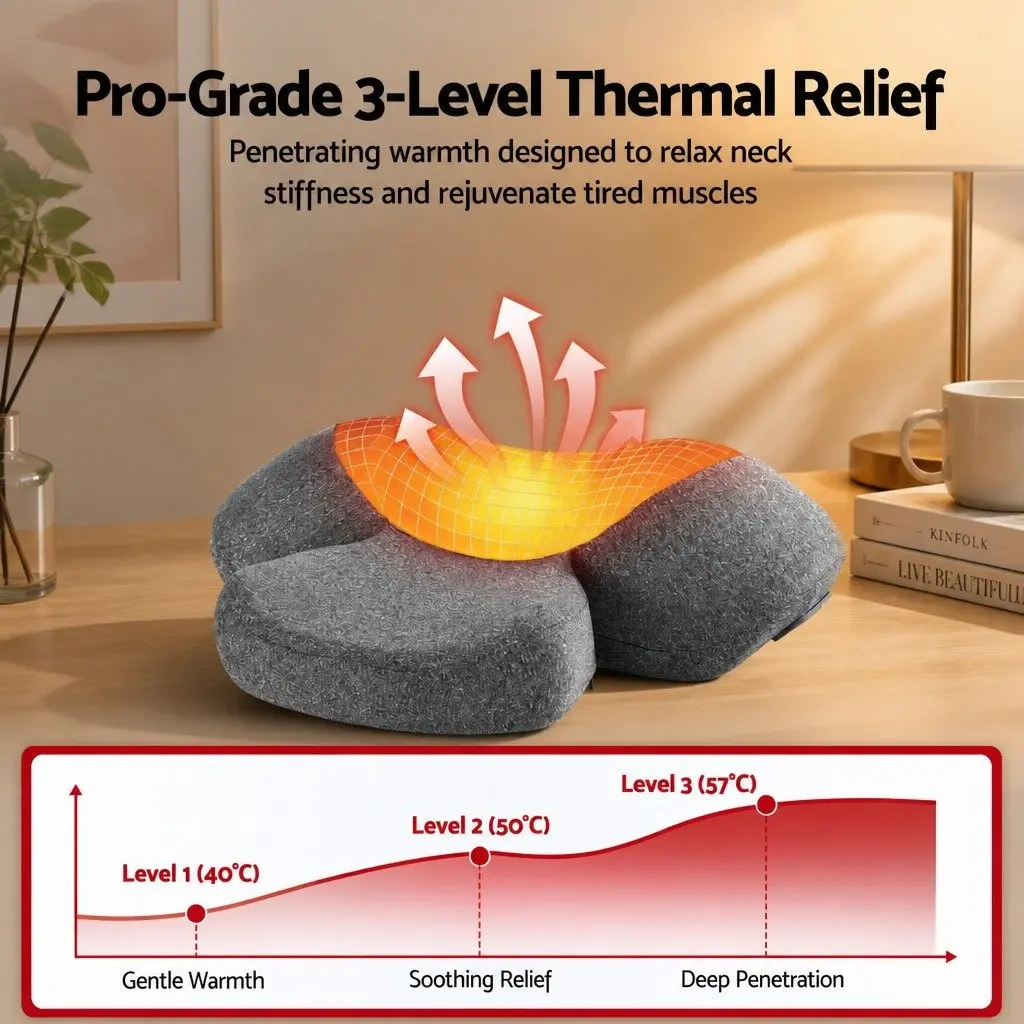 Neck Massager Pillow Memory Foam Cervical Support Heat Vibration Therapy Grey