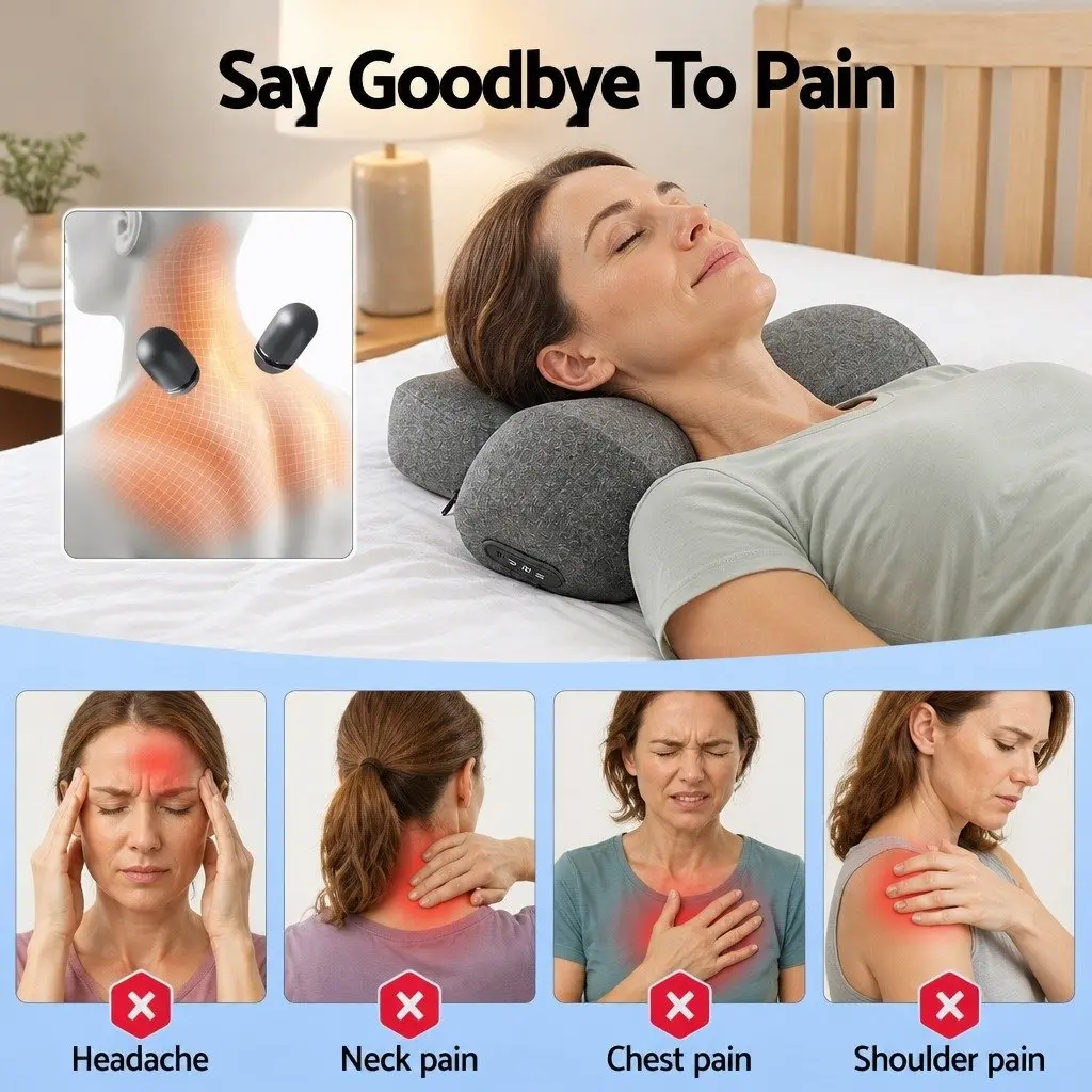 Neck Massager Pillow Memory Foam Cervical Support Heat Vibration Therapy Grey