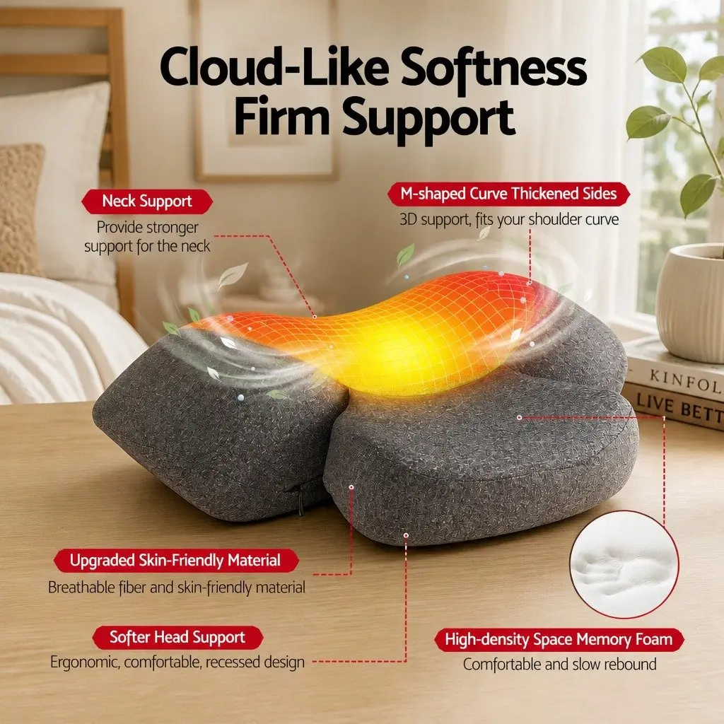 Neck Massager Pillow Memory Foam Cervical Support Heat Vibration Therapy Grey