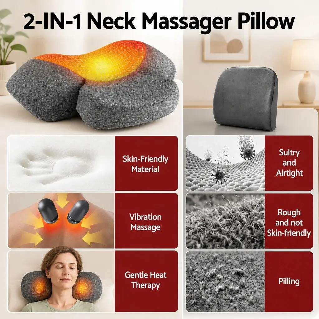 Neck Massager Pillow Memory Foam Cervical Support Heat Vibration Therapy Grey