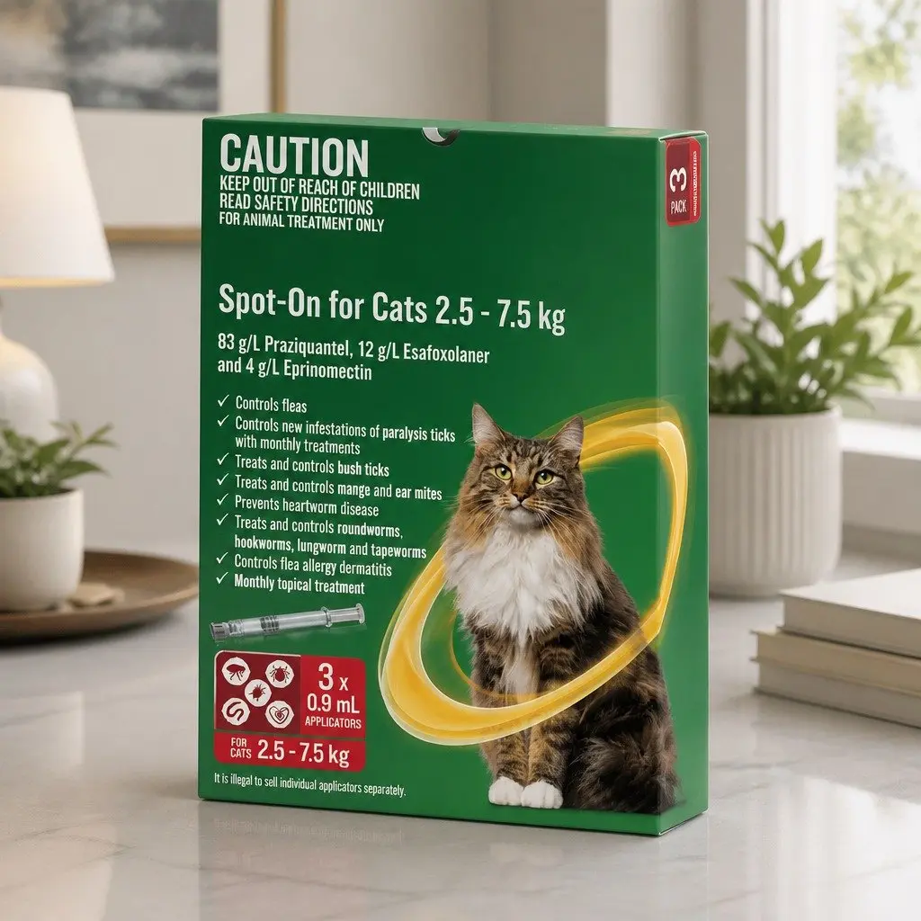 Spot-On for Cats Flea Tick Worm Treatment 2.5-7.5kg 3 Pack