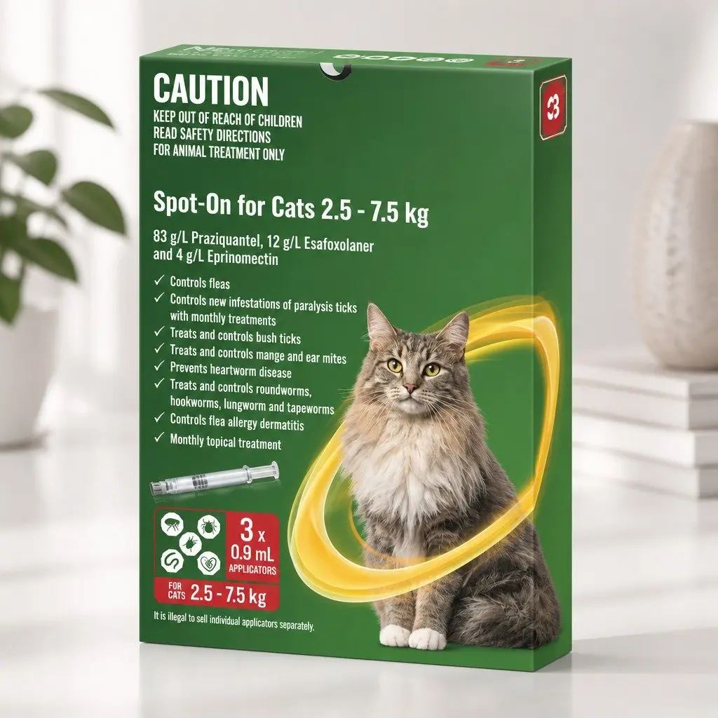 Spot-On for Cats Flea Tick Worm Treatment 2.5-7.5kg 3 Pack