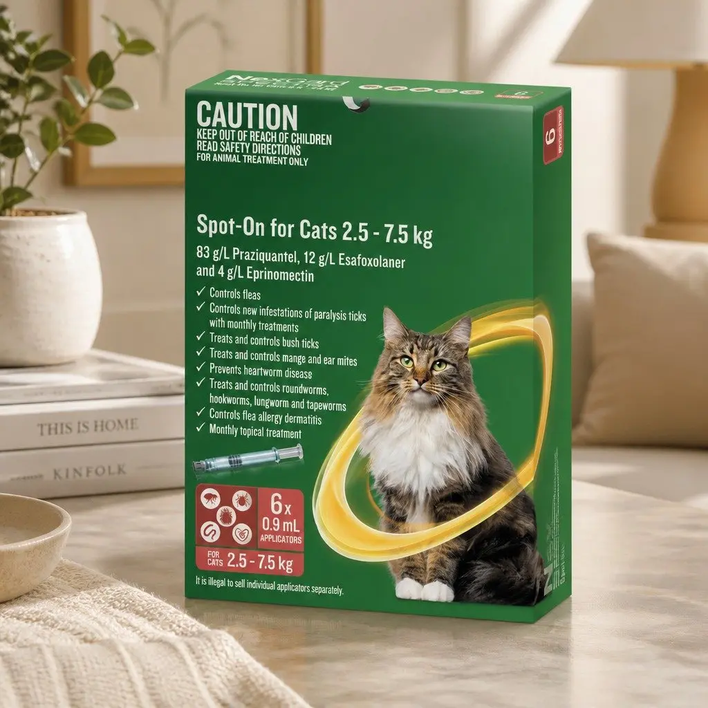 Spot-On for Cats Flea Tick Worm Treatment 2.5-7.5kg Yellow 6 Pack
