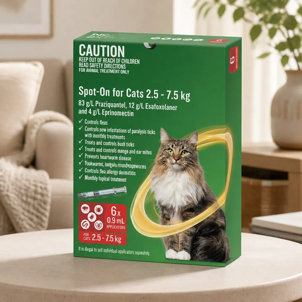 Spot-On for Cats Flea Tick Worm Treatment 2.5-7.5kg Yellow 6 Pack