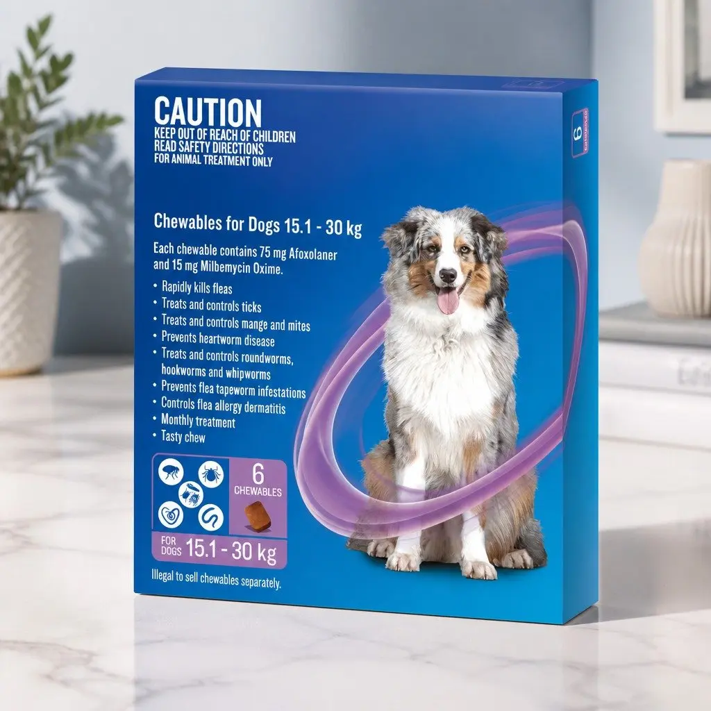 Dog Chews Flea Tick Worm Heartworm Treatment 15.1-30kg Beef Flavoured 6pk