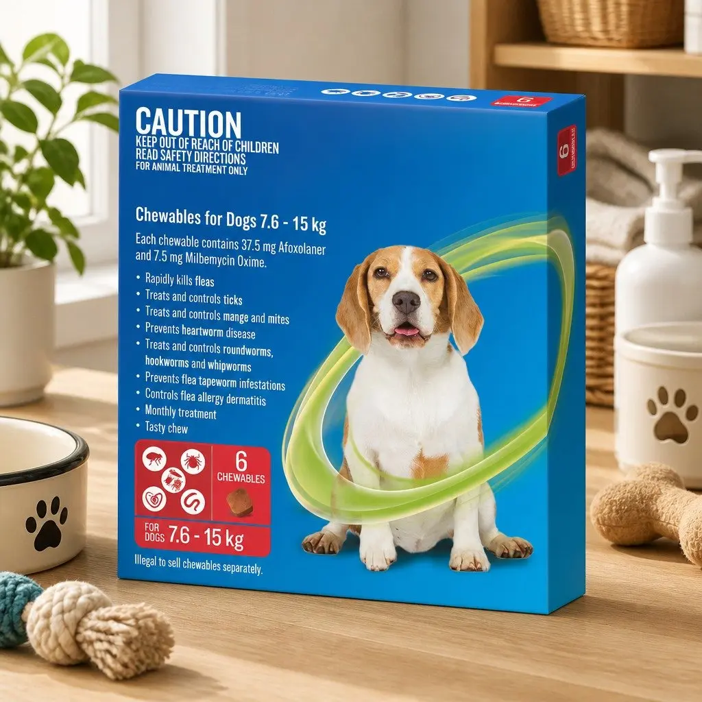 Medium Dog Chews Flea Tick Worm Protection 7.6-15kg Beef Flavour 6 Pack