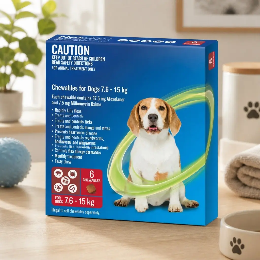 Medium Dog Chews Flea Tick Worm Protection 7.6-15kg Beef Flavour 6 Pack
