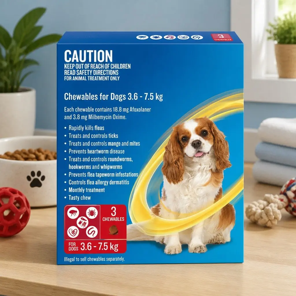 Chews for Small Dogs Flea Tick Worm Treatment 3.6-7.5kg Beef Flavoured 3 Pack