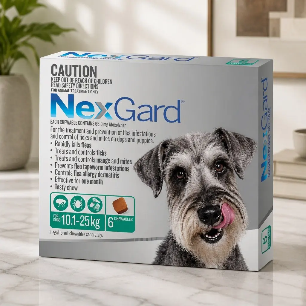 Large Dog Flea and Tick Chewable Tablets Treatment 10.1-25kg Green 6 Piece