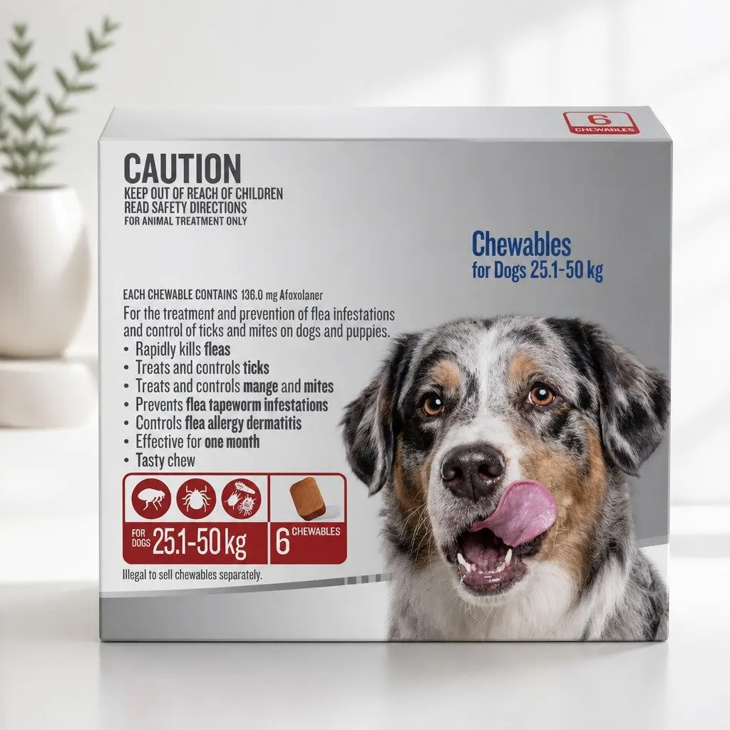Chewable Tablets for Dogs Flea and Tick Protection 25.1 to 50kg Red 6 Count
