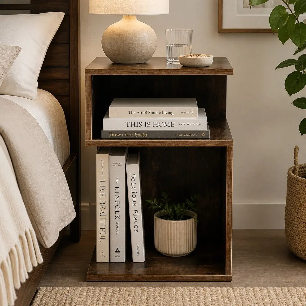 Bedside Table Wooden Side End Oak 33x33x50cm Open Shelves Bedroom Storage
