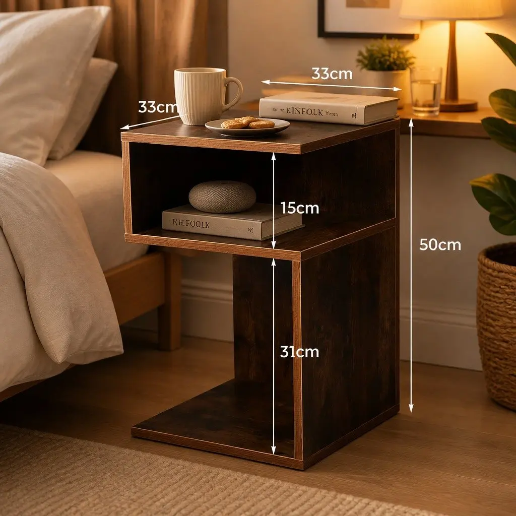 Bedside Table Wooden Side End Oak 33x33x50cm Open Shelves Bedroom Storage