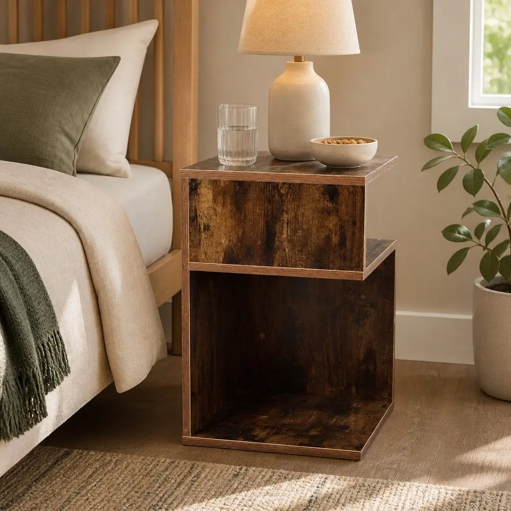 Bedside Table Wooden Side End Oak 33x33x50cm Open Shelves Bedroom Storage