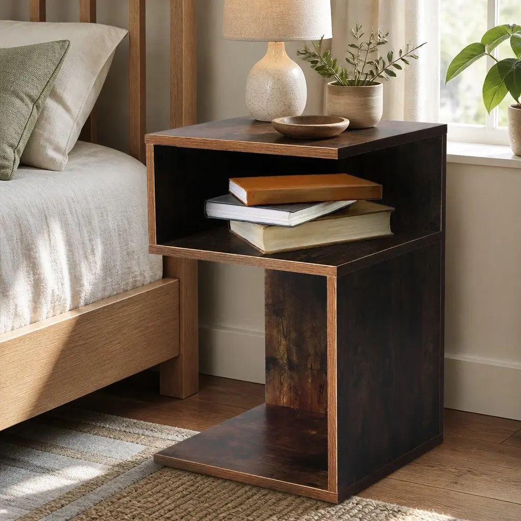 Bedside Table Wooden Side End Oak 33x33x50cm Open Shelves Bedroom Storage