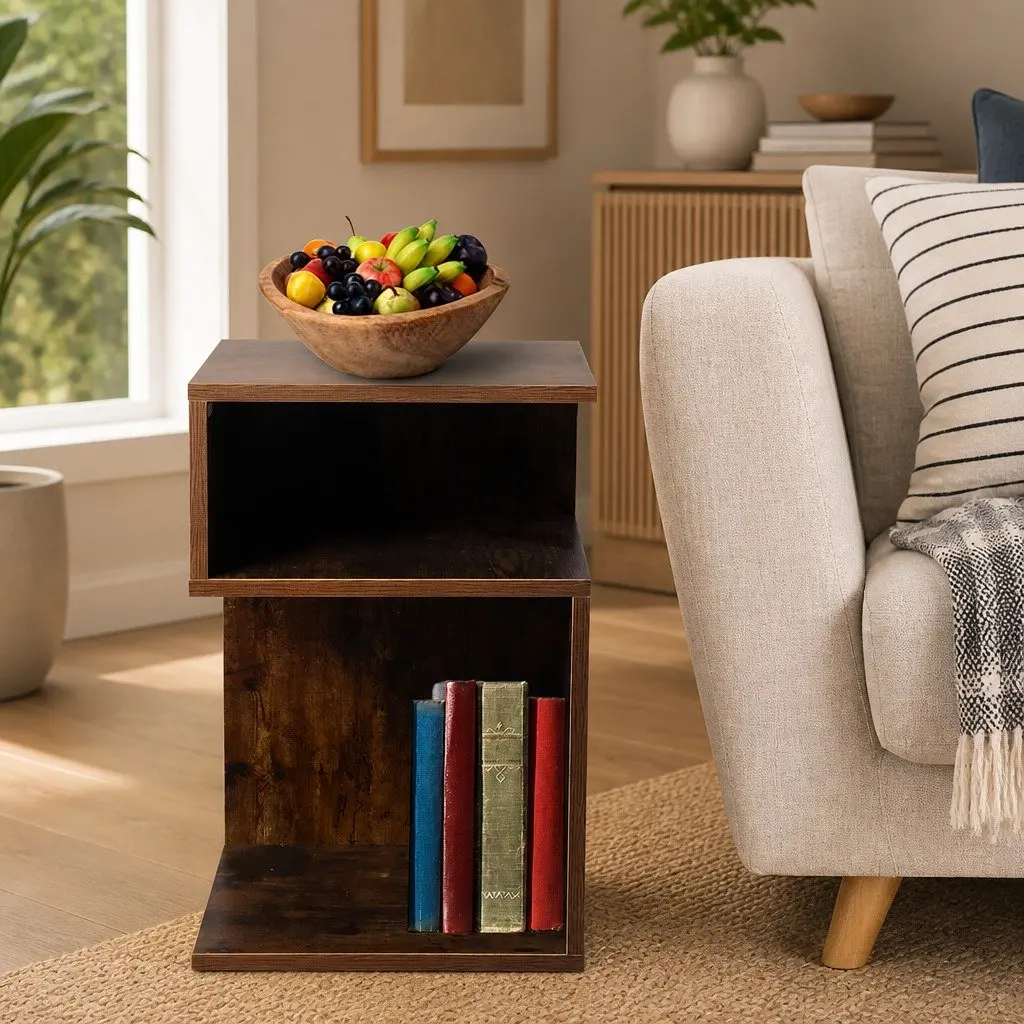 Bedside Table Wooden Side End Oak 33x33x50cm Open Shelves Bedroom Storage