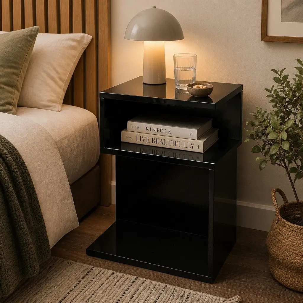 Black Bedside Table with Easy Access Storage