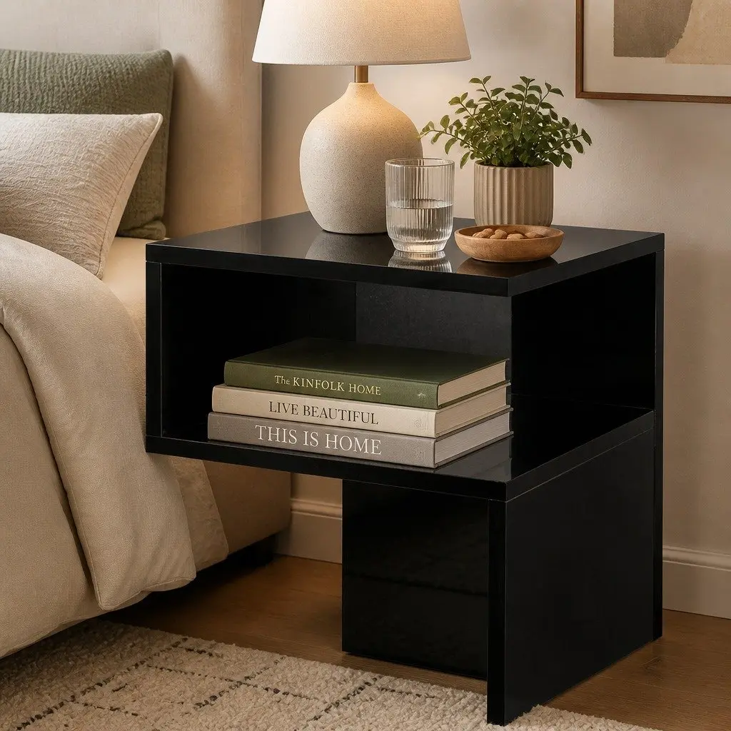 Black Bedside Table with Easy Access Storage