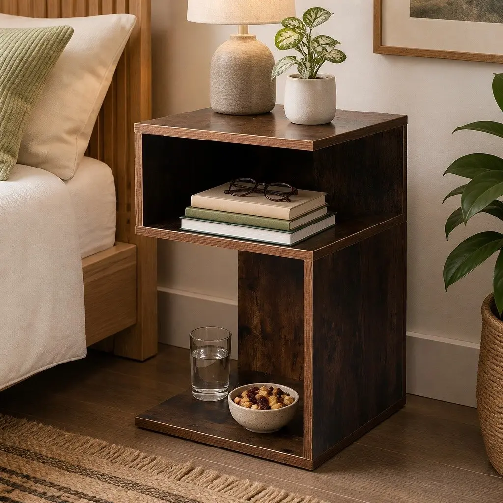 Bedside Table Oak Industrial Style Storage Nightstand 33cm W x 33cm D x 50cm H