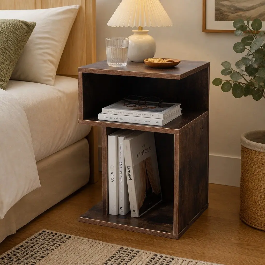 Bedside Table Oak Industrial Style Storage Nightstand 33cm W x 33cm D x 50cm H