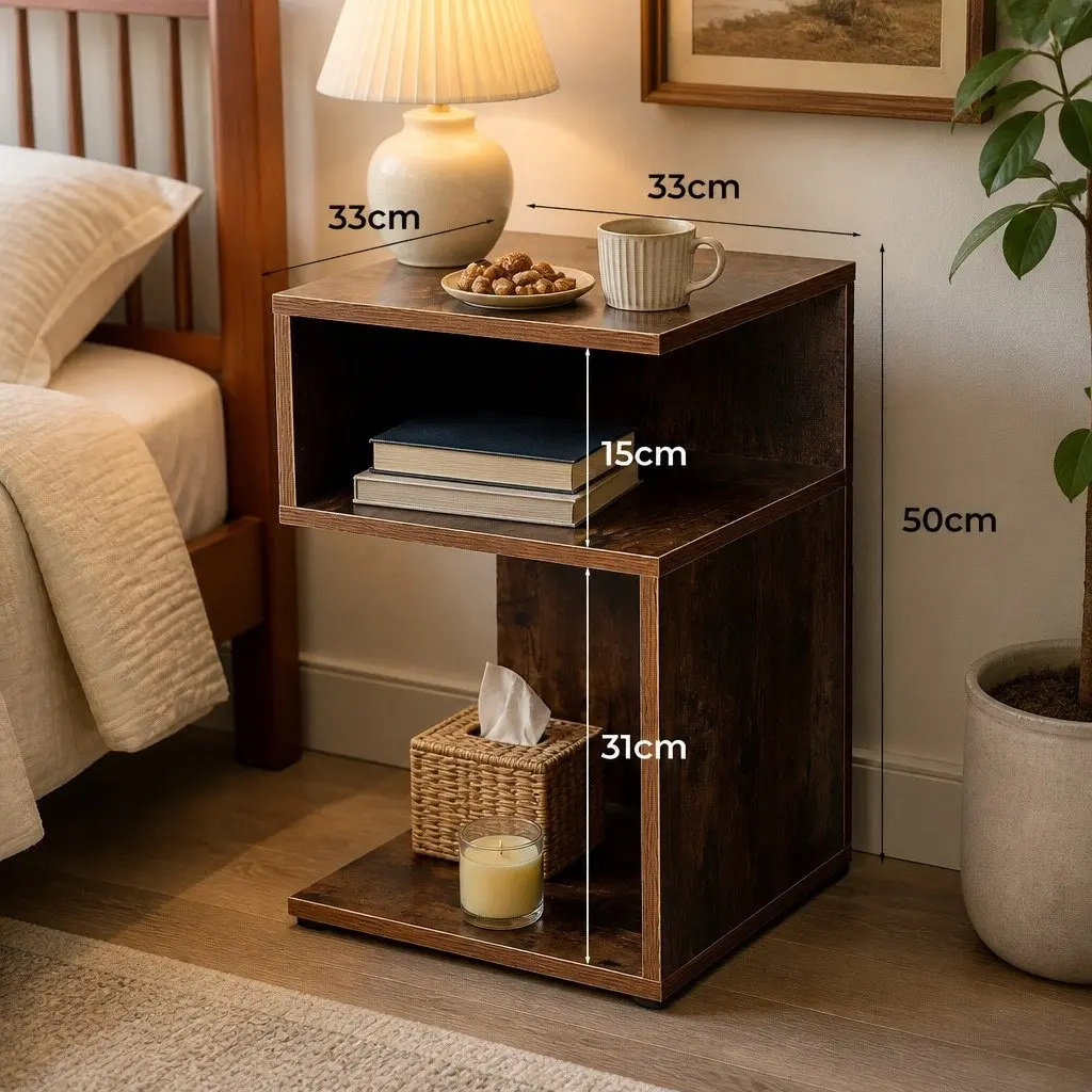 Bedside Table Oak Industrial Style Storage Nightstand 33cm W x 33cm D x 50cm H