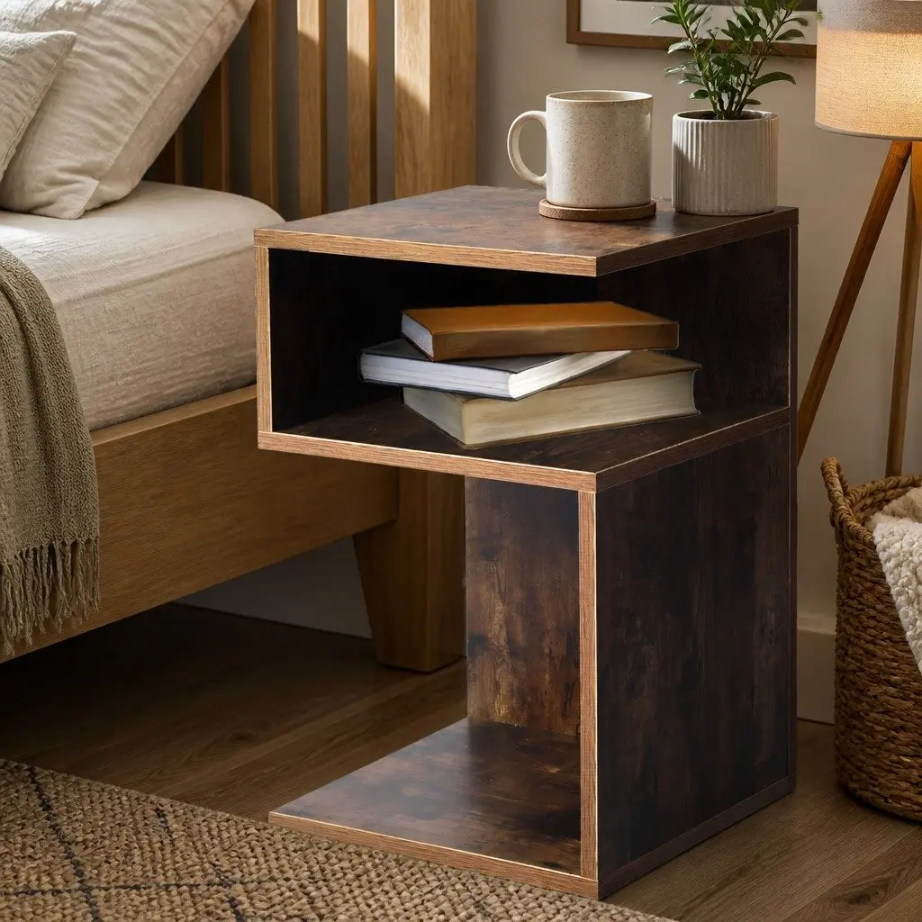 Bedside Table Oak Industrial Style Storage Nightstand 33cm W x 33cm D x 50cm H