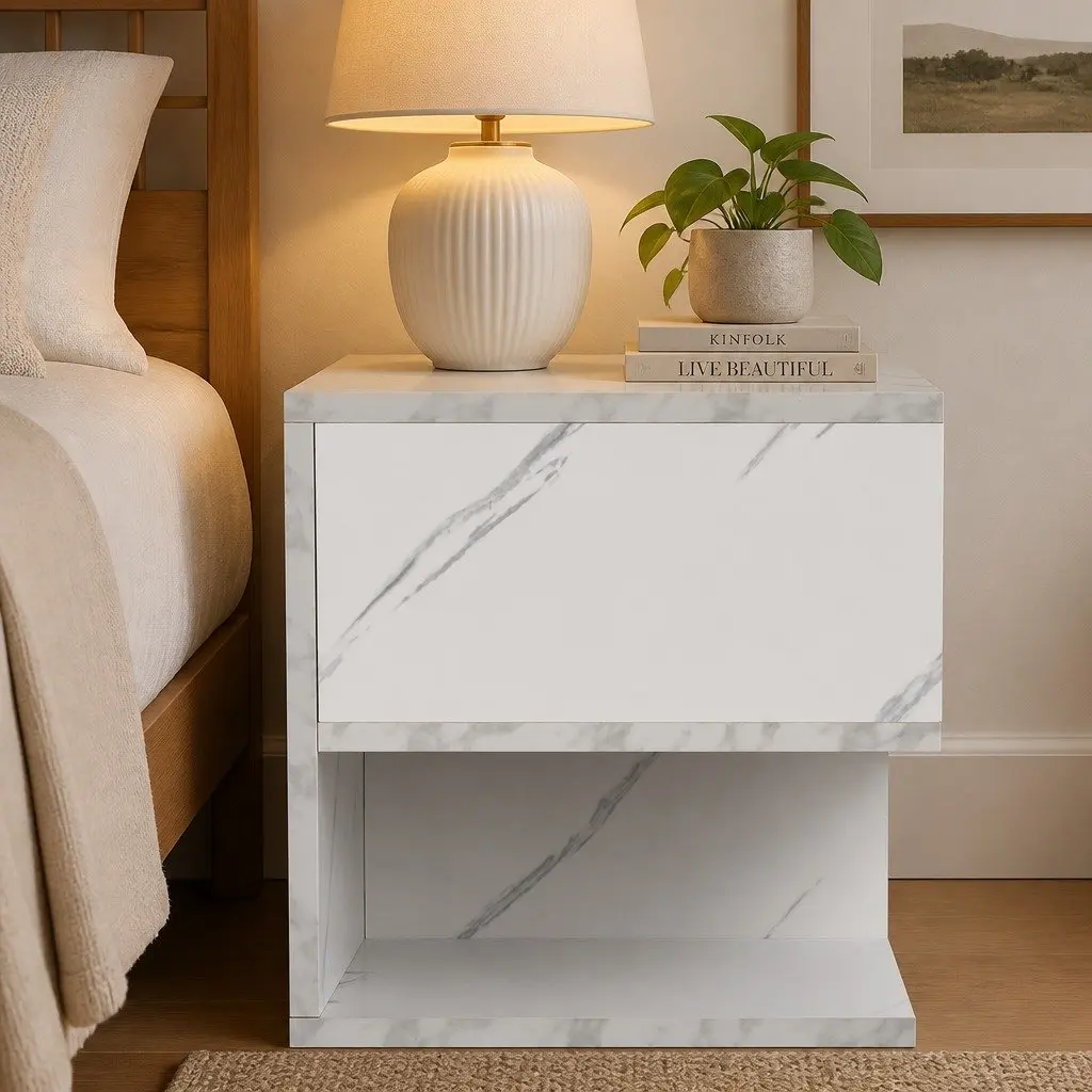 Bedside Table with Drawers Open Shelves Storage Side Table White Nightstand