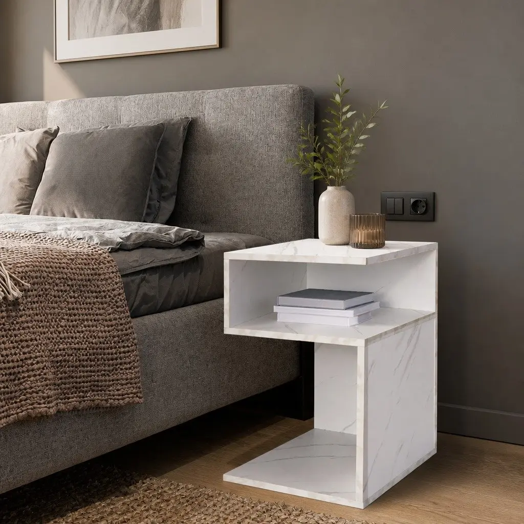 Bedside Table with Drawers Open Shelves Storage Side Table White Nightstand