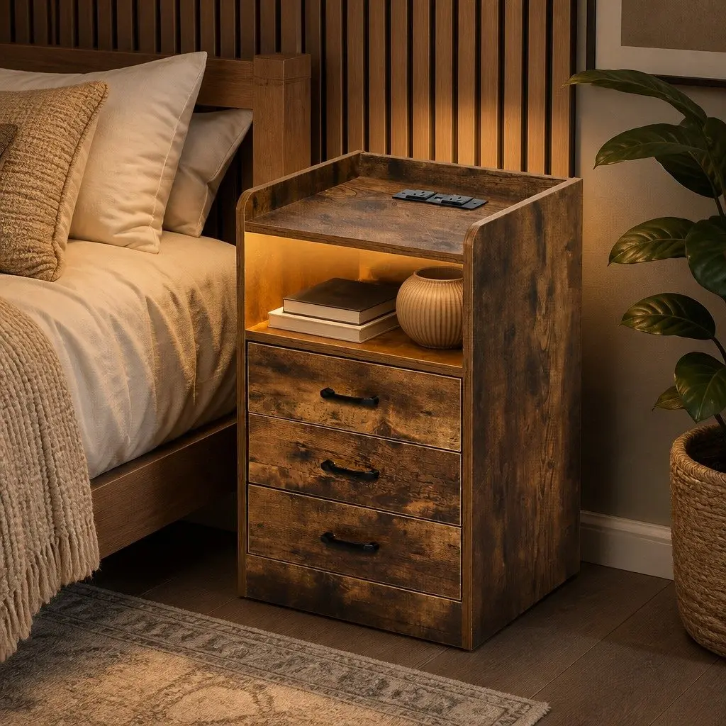 Bedside Table with USB Charging and LED Light