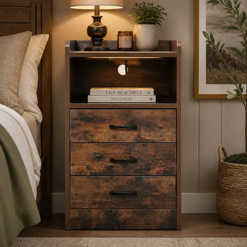Bedside Table with USB Charging and LED Light