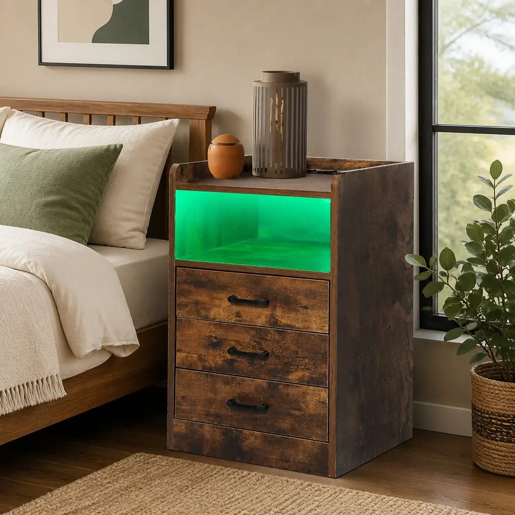 Bedside Table with USB Charging and LED Light