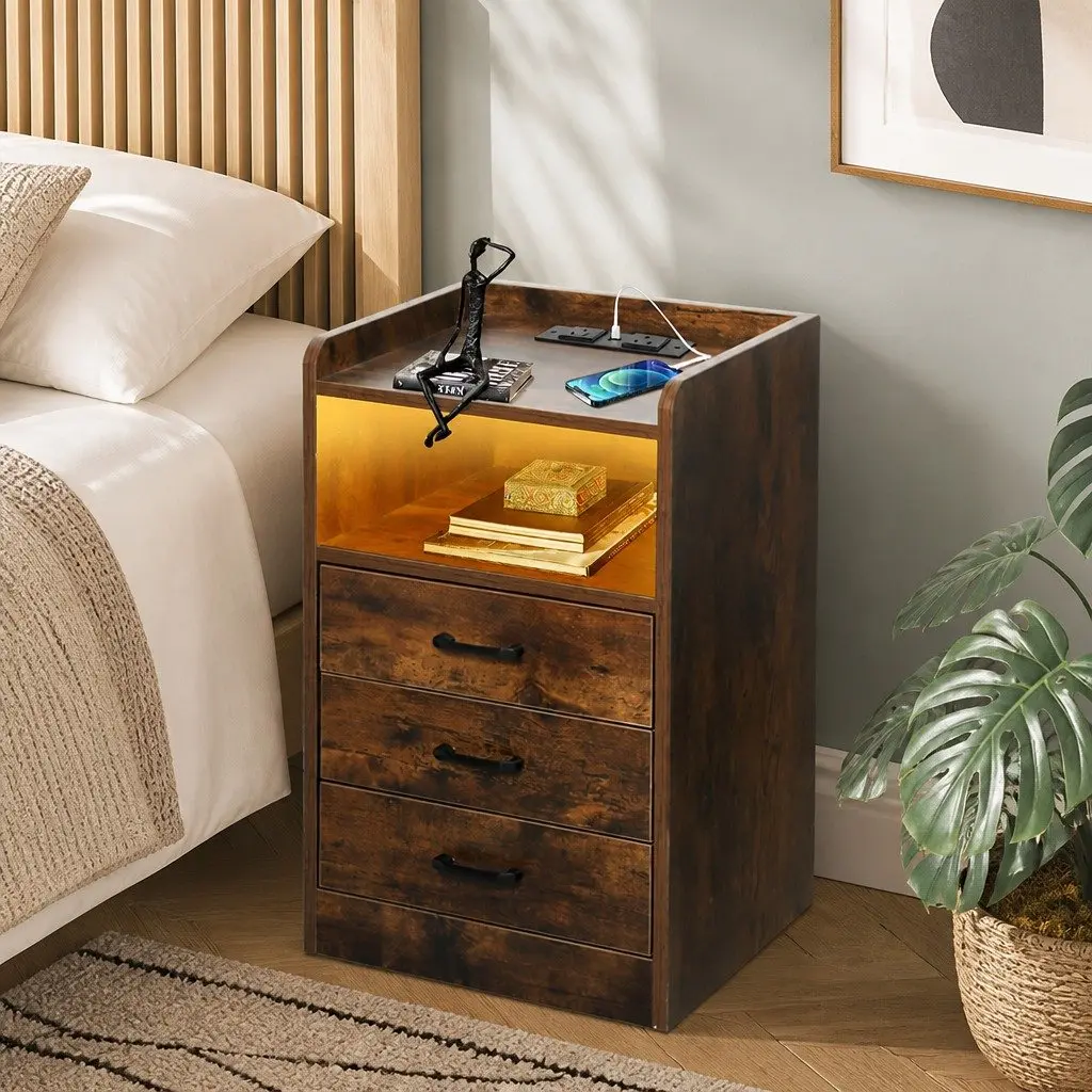 Bedside Table with USB Charging and LED Light
