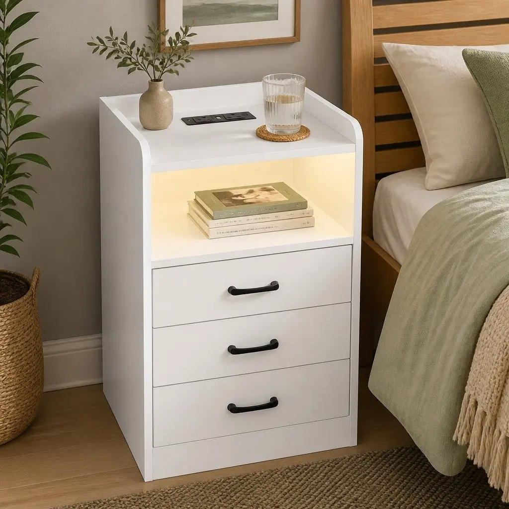 Bedside Table Nightstand with LED Light USB Charger Outlet 3 Drawers White 40cm x 35cm x 64cm