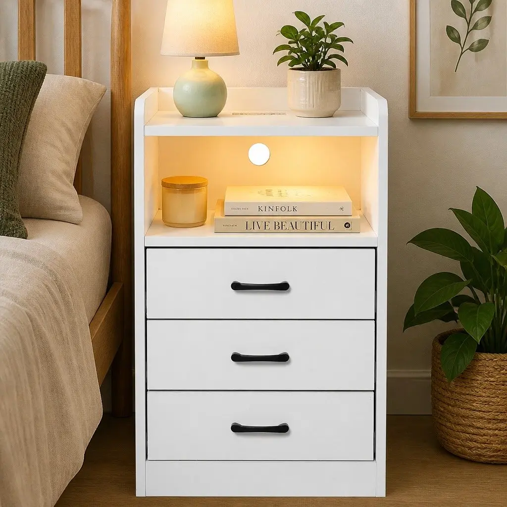 Bedside Table Nightstand with LED Light USB Charger Outlet 3 Drawers White 40cm x 35cm x 64cm