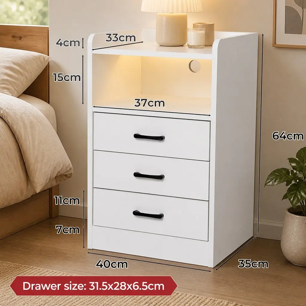 Bedside Table Nightstand with LED Light USB Charger Outlet 3 Drawers White 40cm x 35cm x 64cm