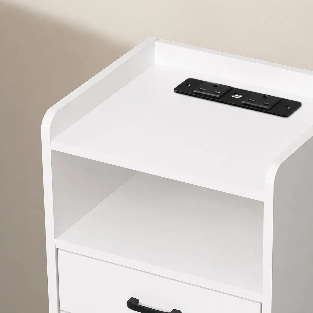 Bedside Table Nightstand with LED Light USB Charger Outlet 3 Drawers White 40cm x 35cm x 64cm