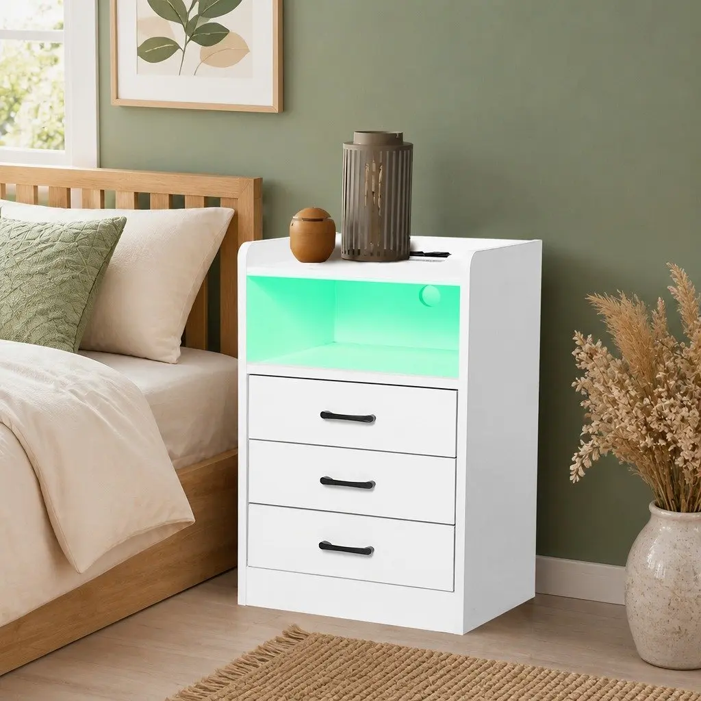 Bedside Table Nightstand with LED Light USB Charger Outlet 3 Drawers White 40cm x 35cm x 64cm